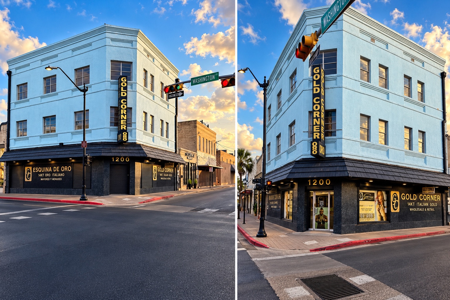 Two views of the Gold Corner building at 1200 E Washington Street